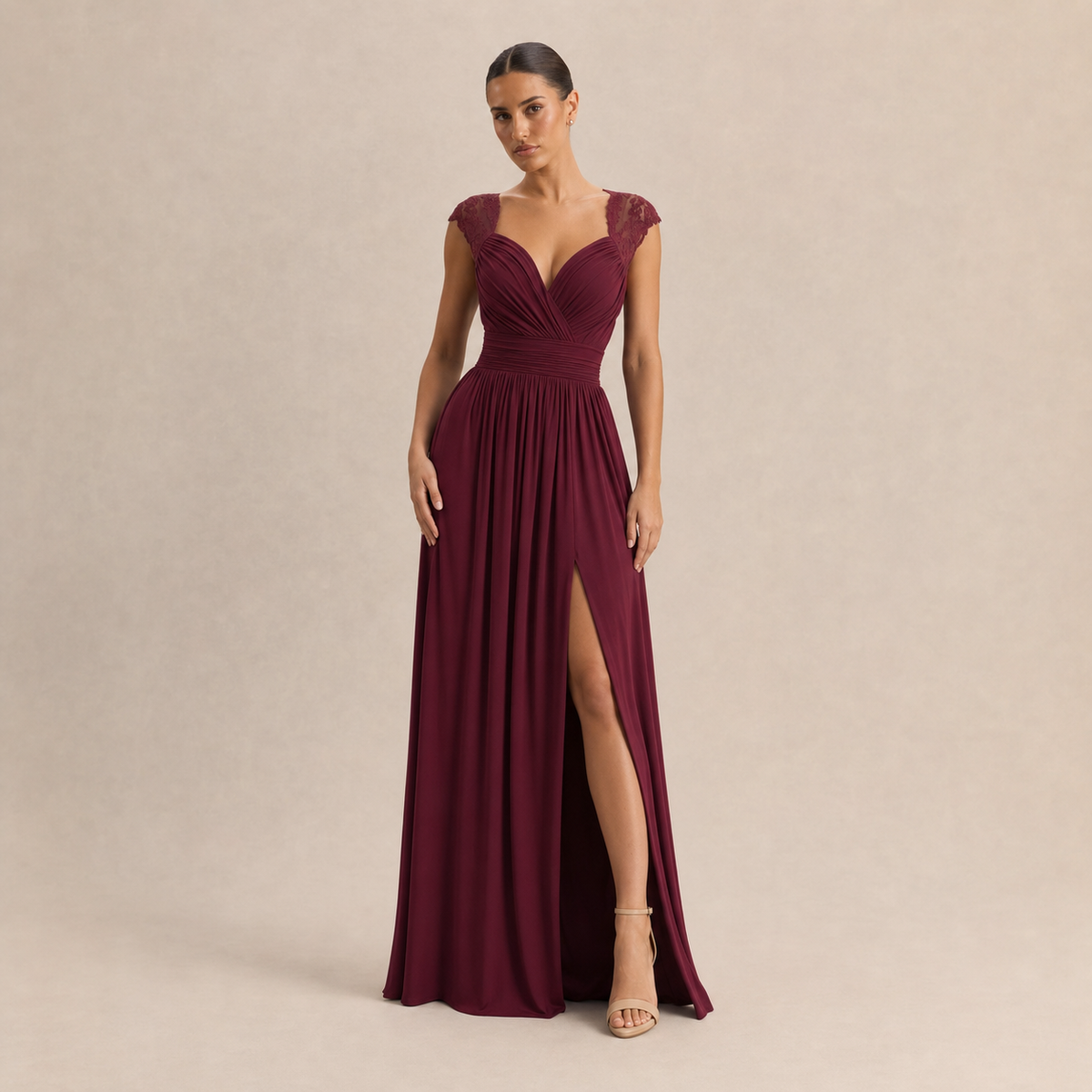 Sweetheart Cap Sleeve High Split Chiffon Maxi Gown 10