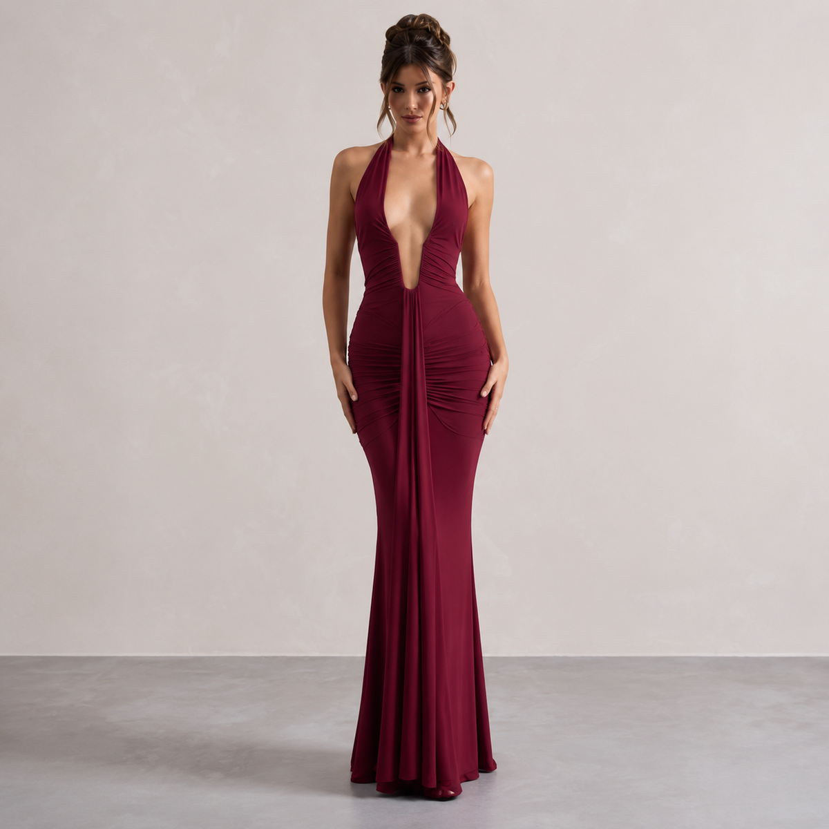 Deep V-Neck Halter Ruched Fishtail Maxi Gown 7