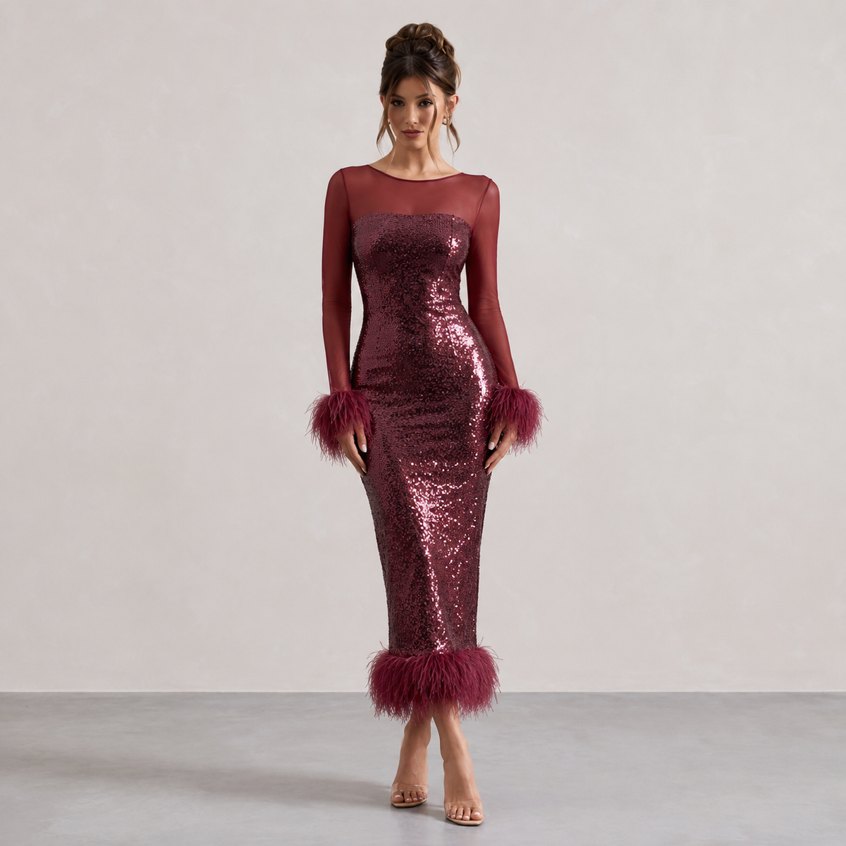 Sequin Sheer Yoke Long Sleeve Feather Trim Midi Dress 4