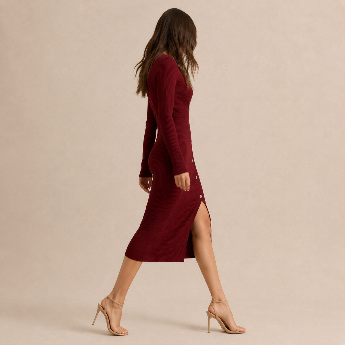 V-Neck Long Sleeve Button Side Ribbed Knit Midi Dress 8