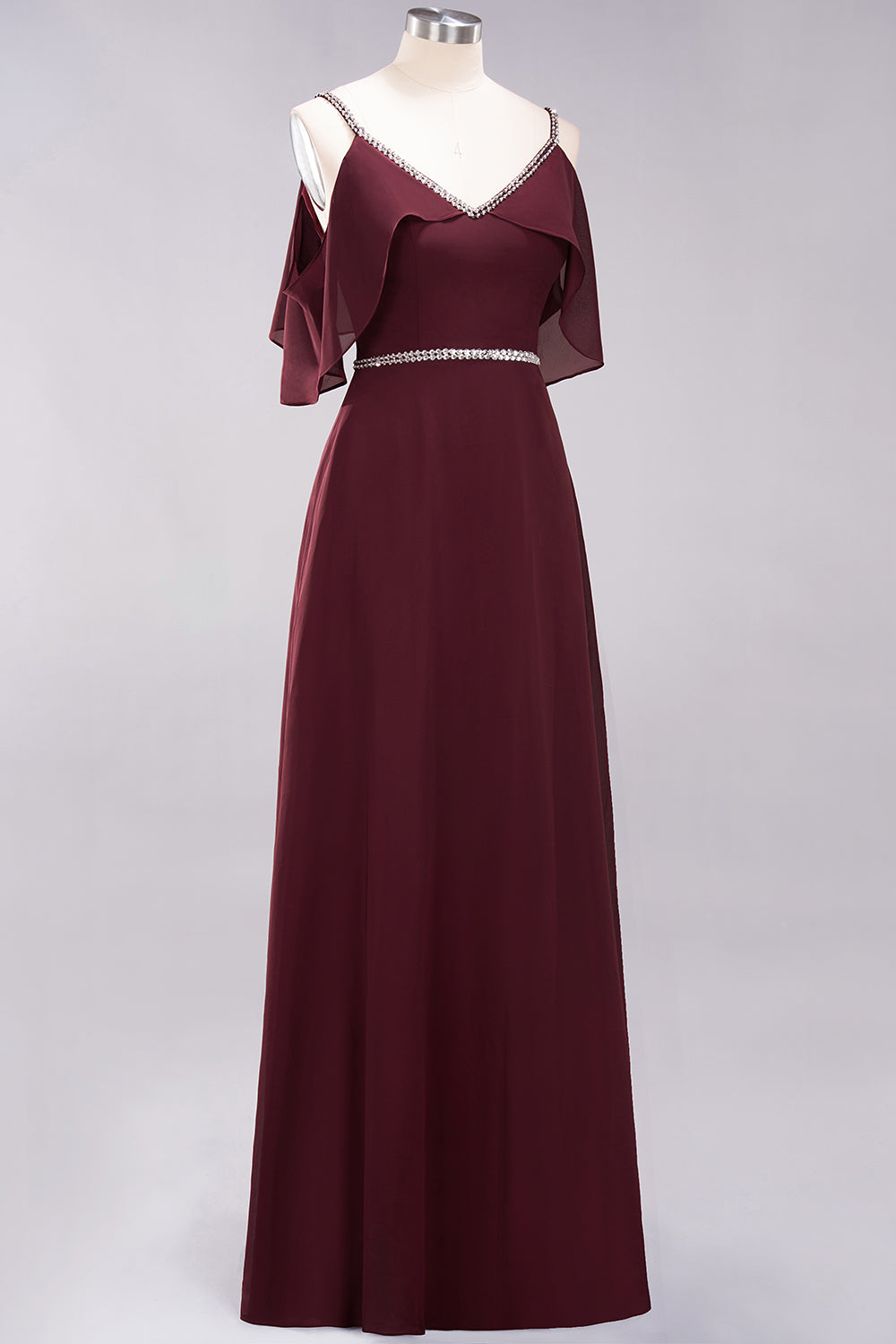 Burgundy Cold-shoulder Long Bridesmaid Dresses With Half Sleeve - Fashionpara