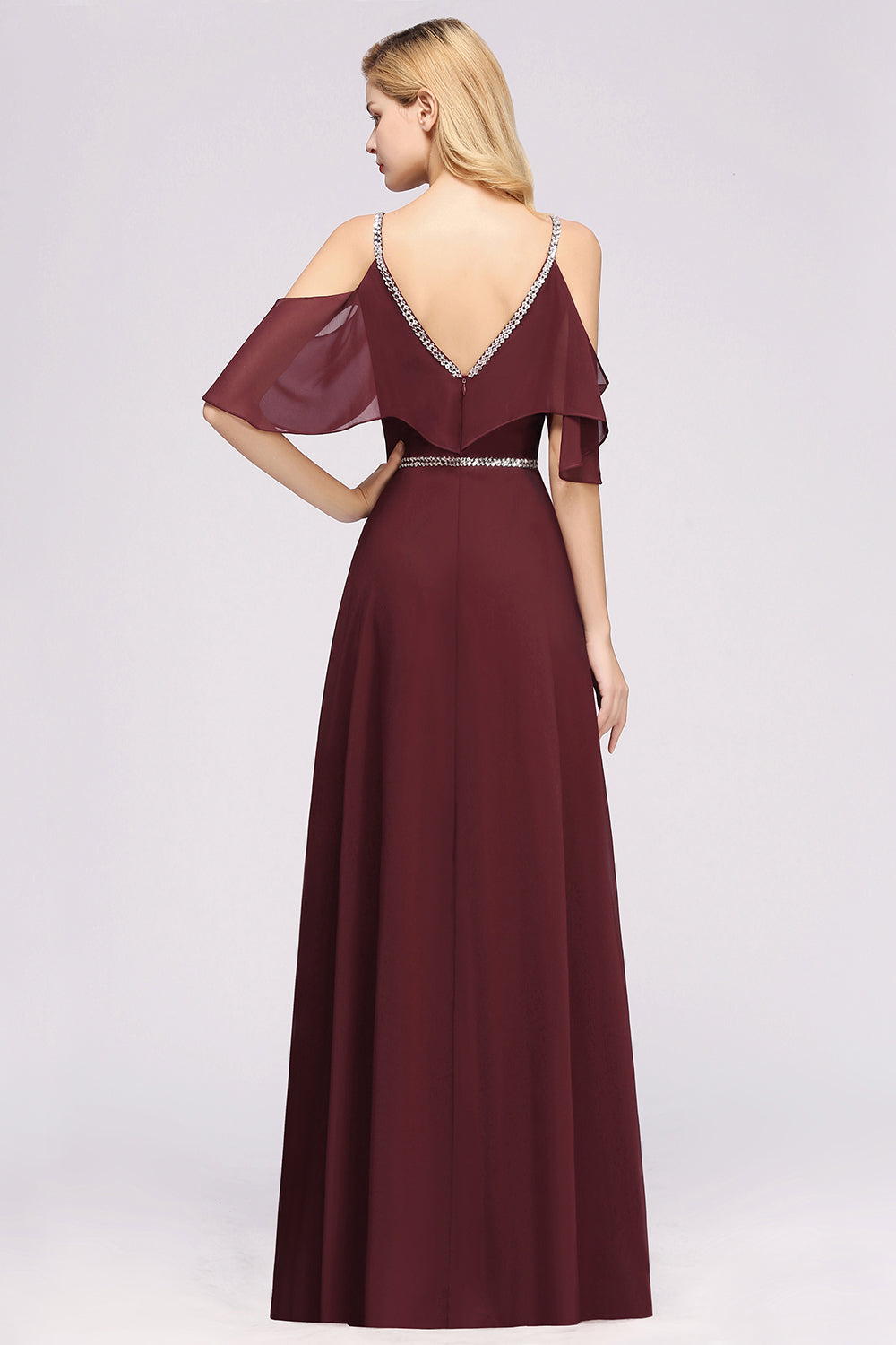 Burgundy Cold-shoulder Long Bridesmaid Dresses With Half Sleeve - Fashionpara