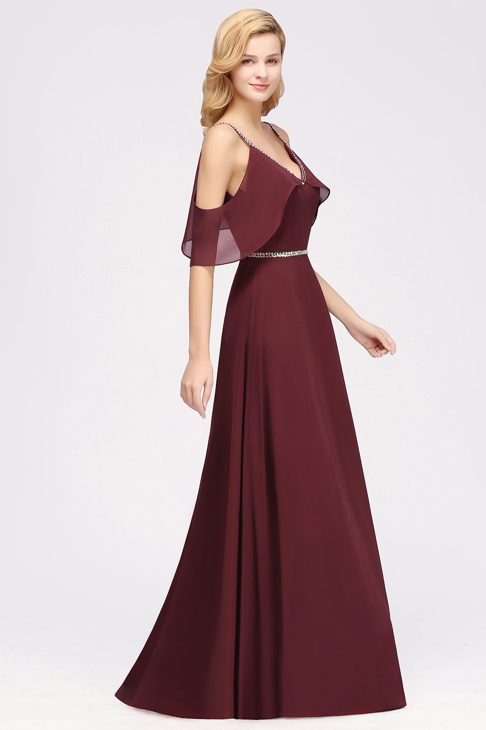 Burgundy Cold-shoulder Long Bridesmaid Dresses With Half Sleeve - Fashionpara