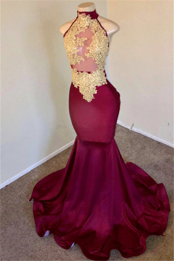 Burgundy High Neck Mermaid Prom Dress With Lace Appliques - Fashionpara