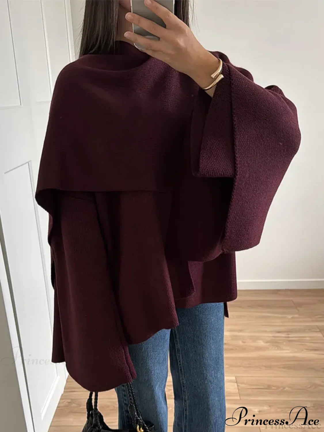Burgundy Knit Jacket with Scarf Coat Red / S