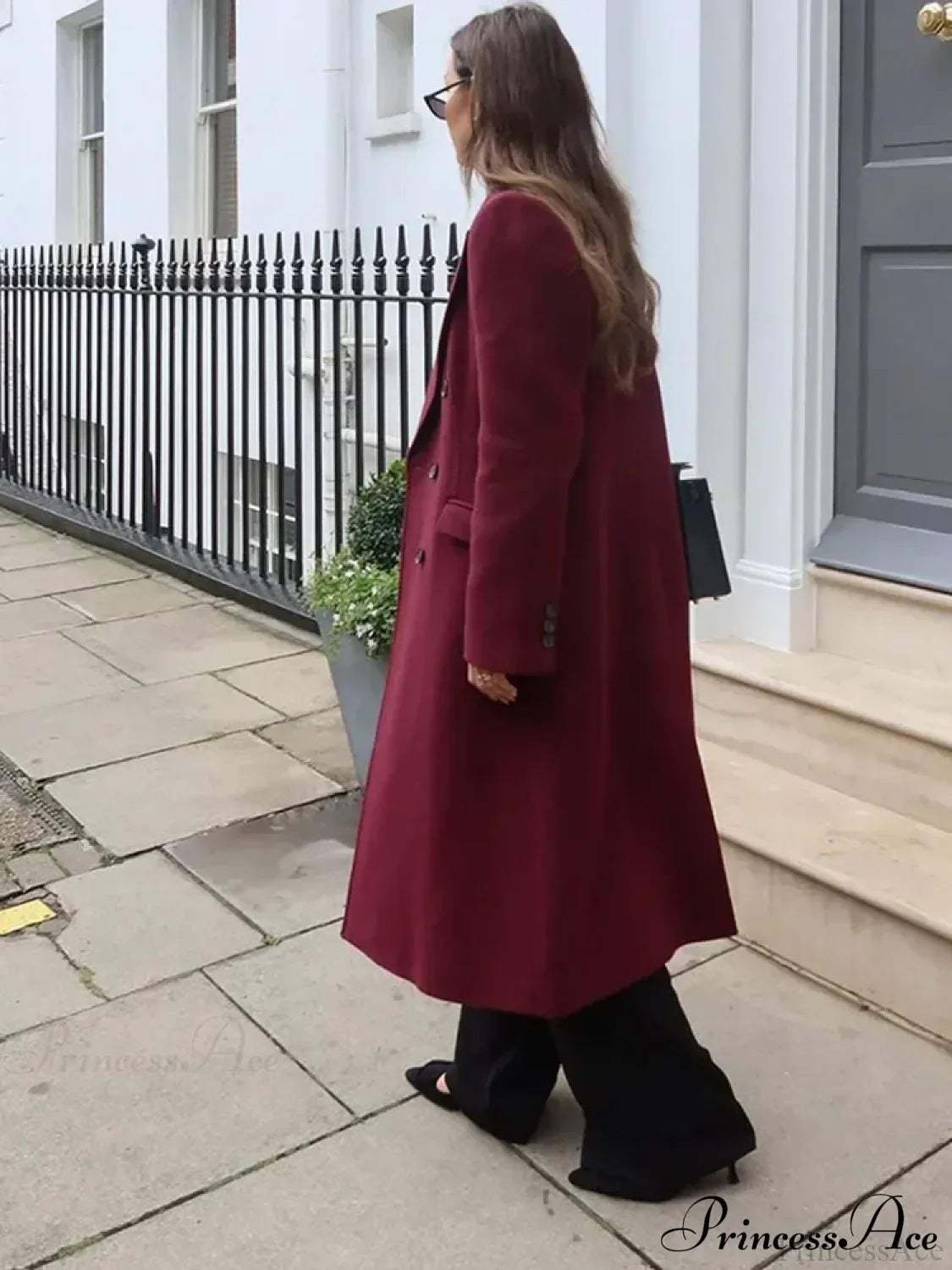 Burgundy Lapel Woolen Double-Breasted Overcoat