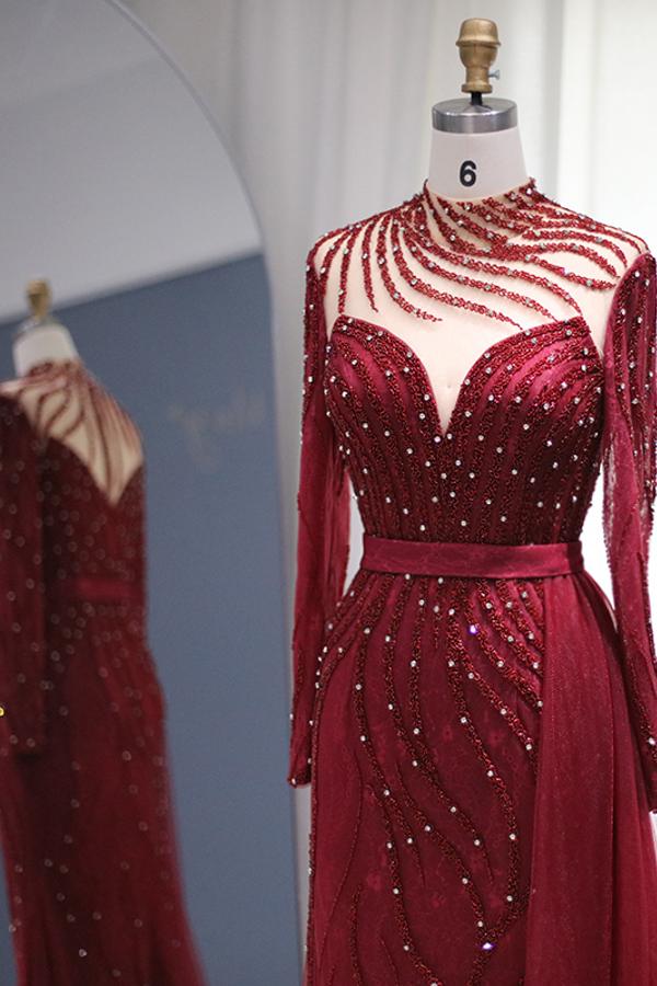 Burgundy Long Sleeves Beadings Evening Dress High Neck Mermaid Party Gowns - Fashionpara
