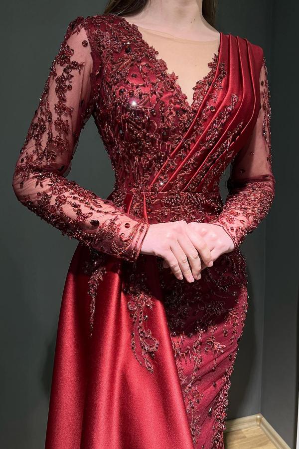 Burgundy Long Sleeves Evening Dress Mermaid Ruffle With Beads - Fashionpara