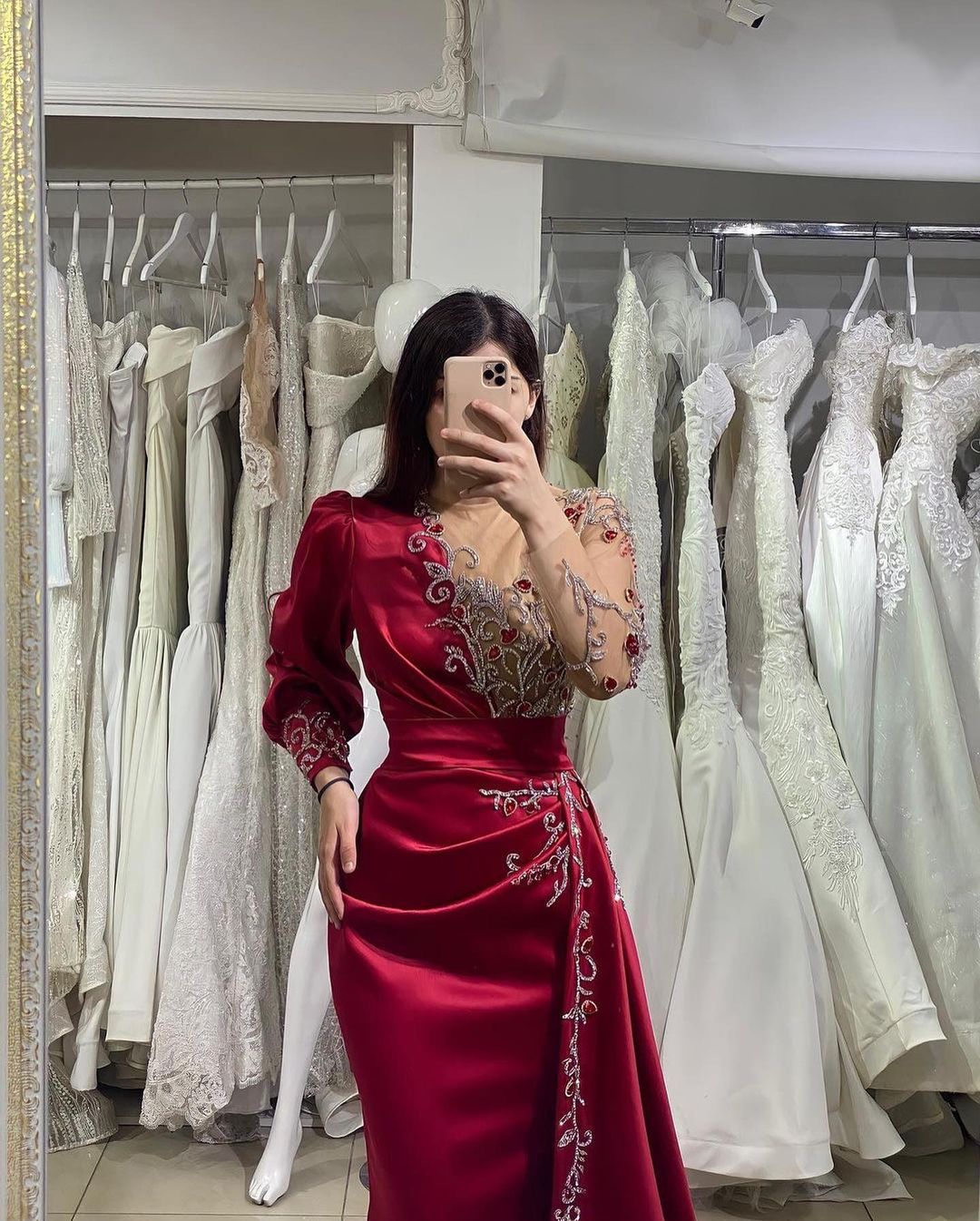 Burgundy Long Sleeves Prom Dress Mermaid Long With Beads - Fashionpara
