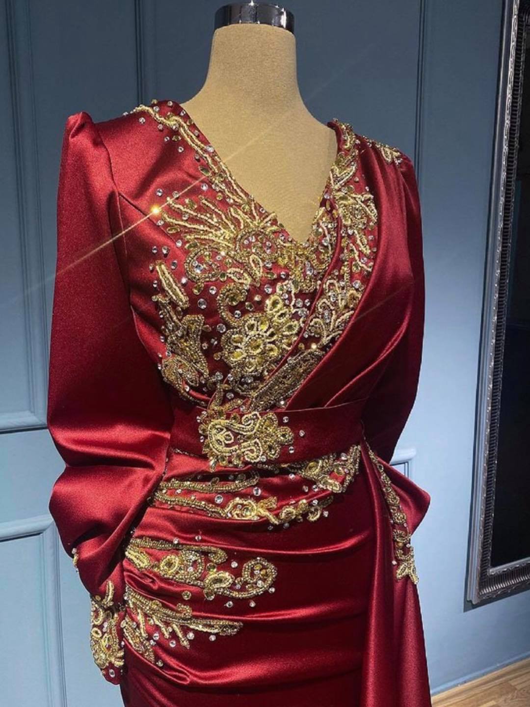 Burgundy Long Sleevs Prom Dress Mermaid With Beadings - Fashionpara
