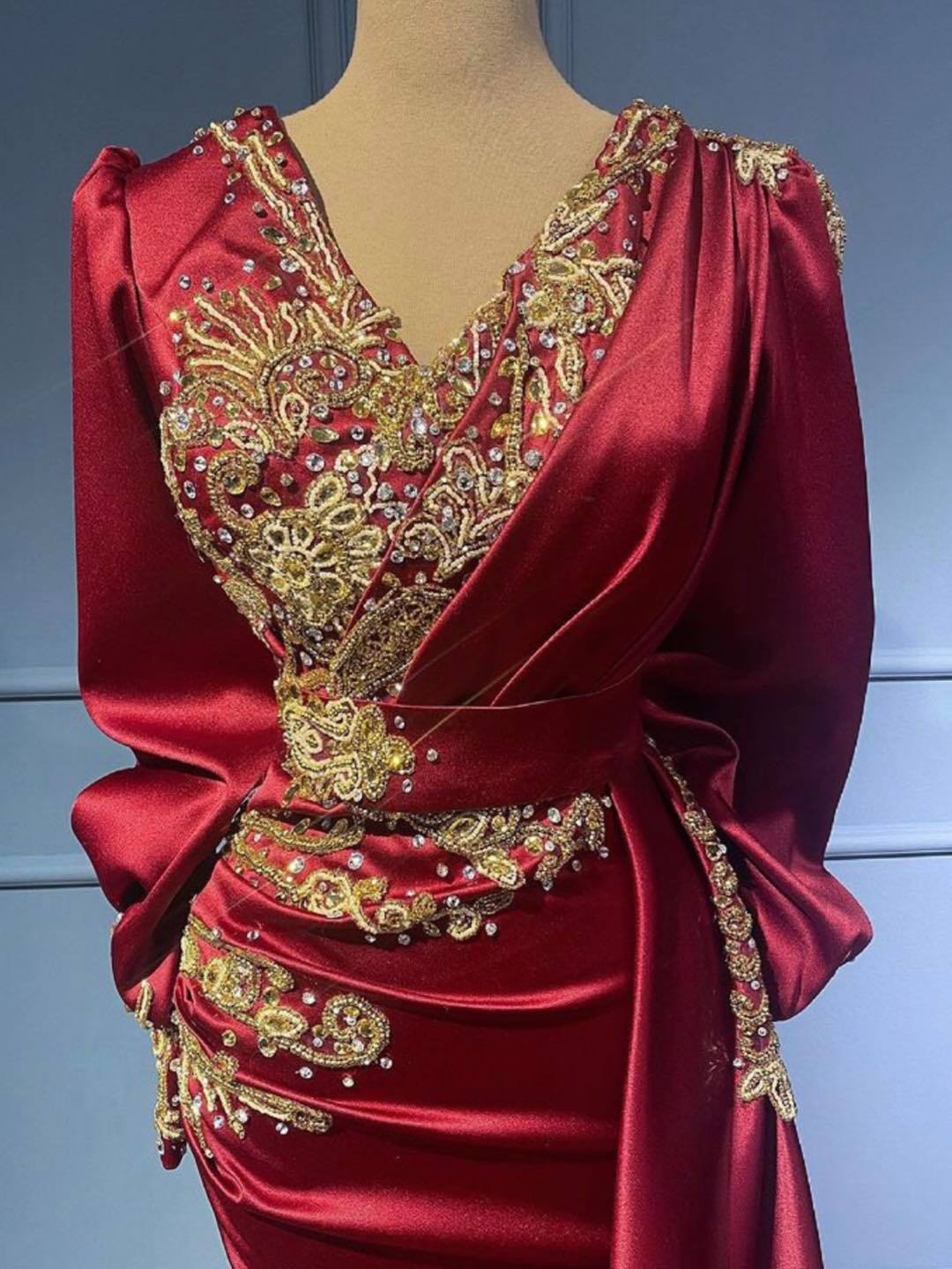 Burgundy Long Sleevs Prom Dress Mermaid With Beadings - Fashionpara