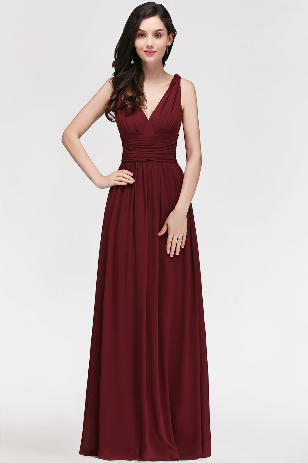 Burgundy Long V-Neck Sleeveless Chiffon Bridesmaid Dresses - Fashionpara