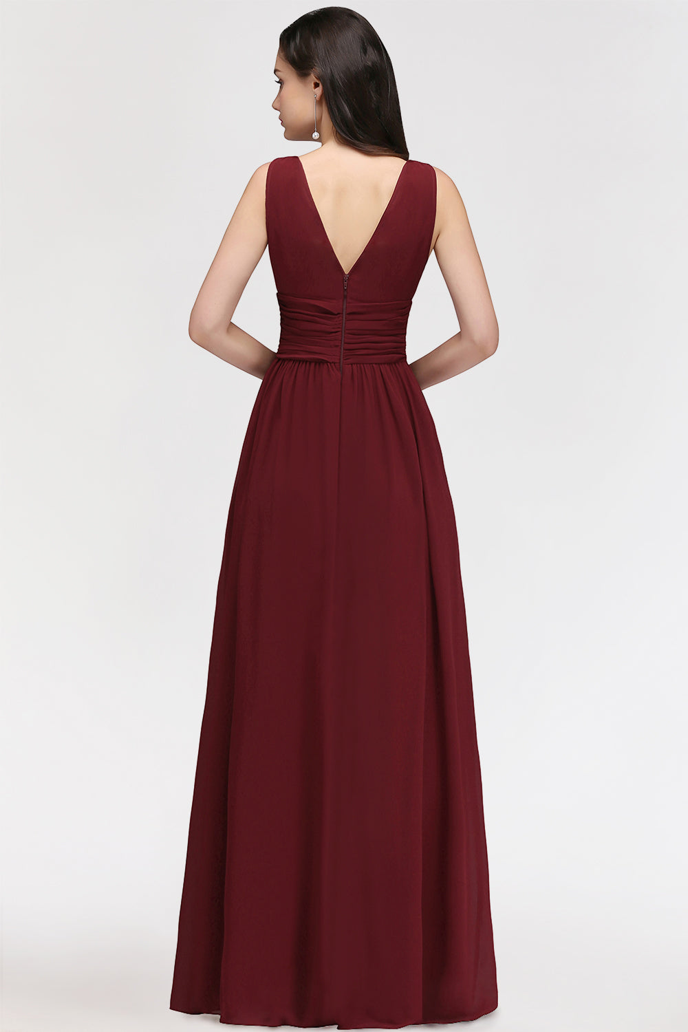 Burgundy Long V-Neck Sleeveless Chiffon Bridesmaid Dresses - Fashionpara