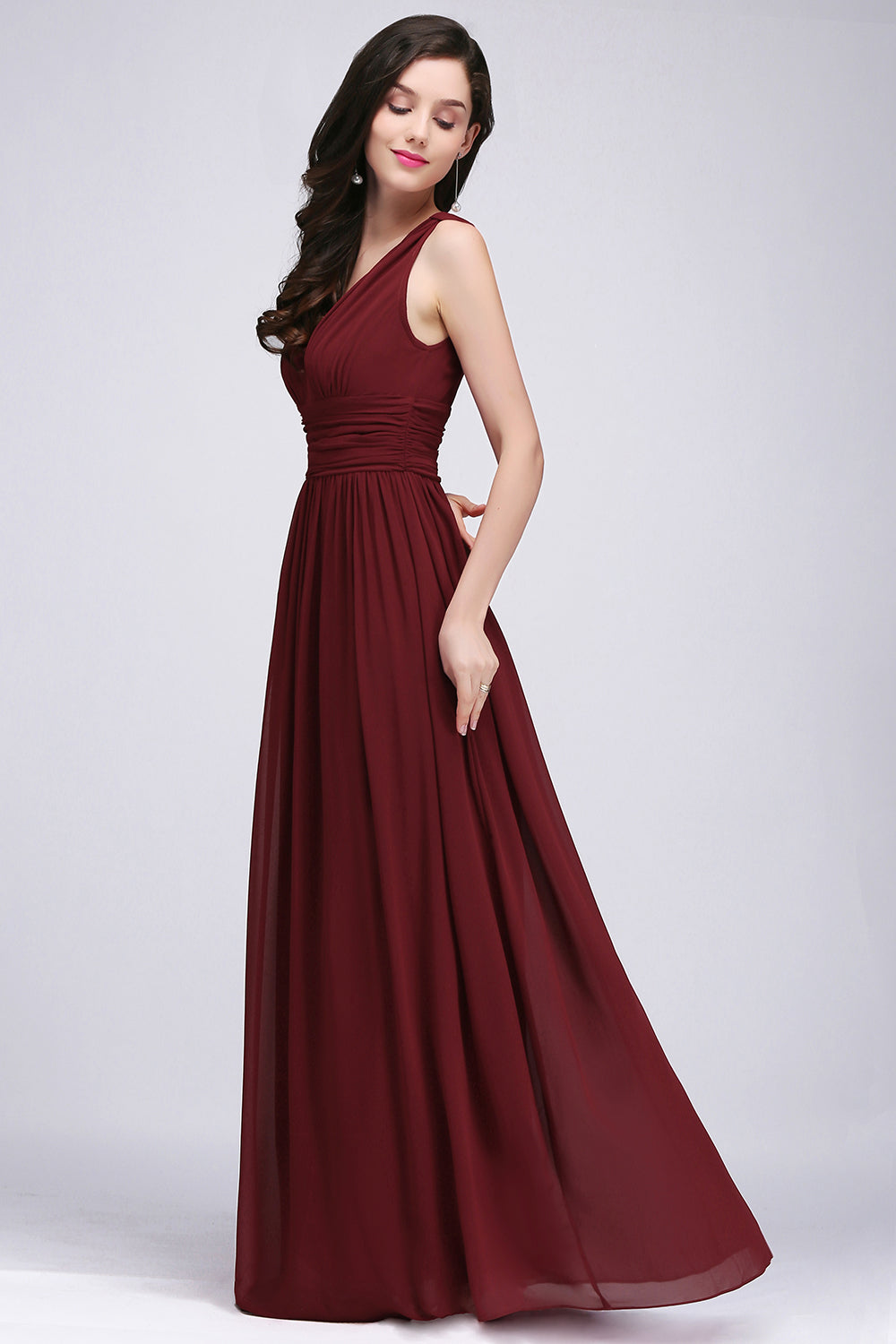 Burgundy Long V-Neck Sleeveless Chiffon Bridesmaid Dresses - Fashionpara