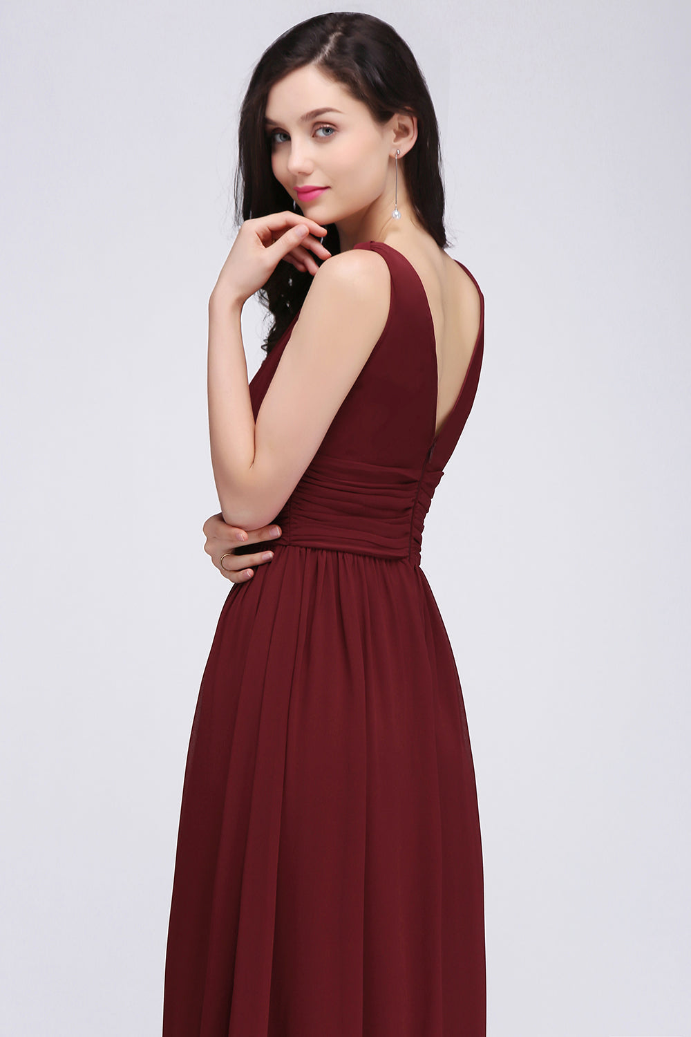 Burgundy Long V-Neck Sleeveless Chiffon Bridesmaid Dresses - Fashionpara
