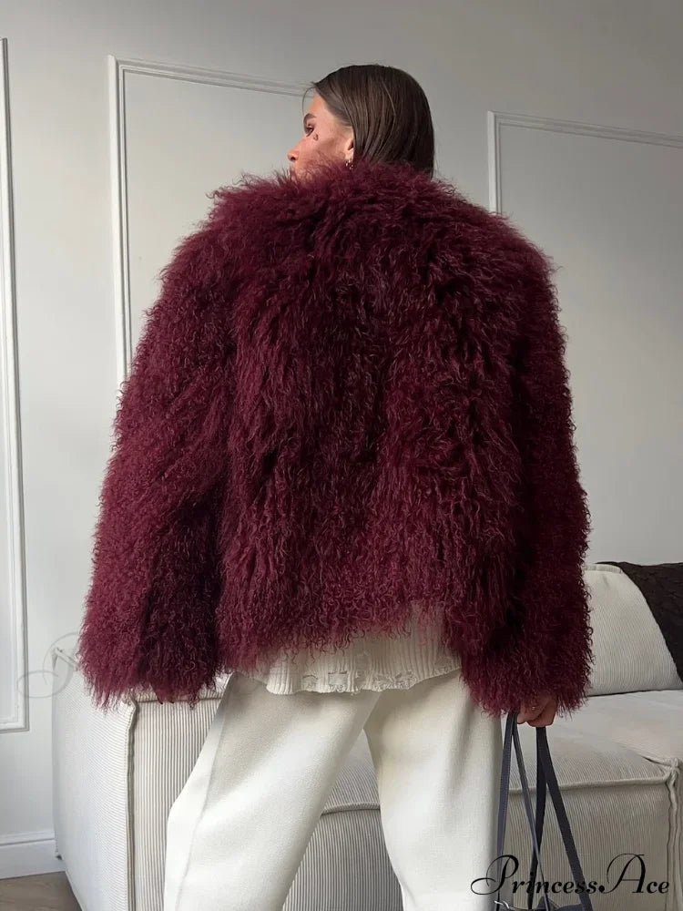 Burgundy Oversized Faux Fur Coat