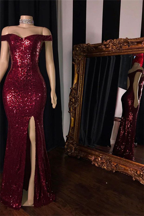 Burgundy Sequins Long Prom Dress Mermaid - Fashionpara