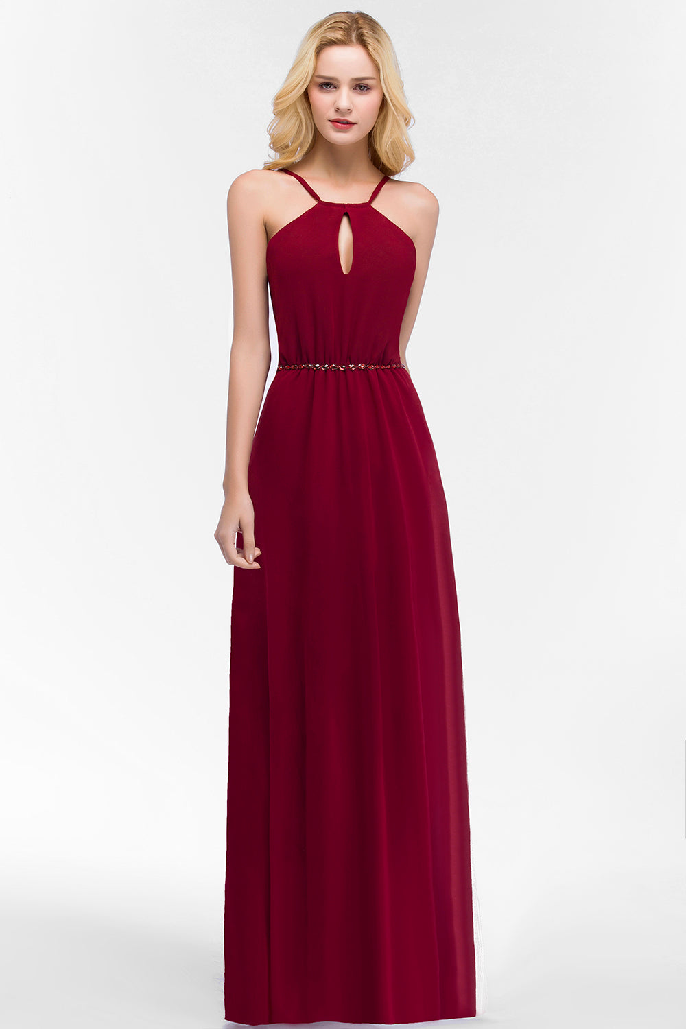Burgundy Spaghetti Straps Long Bridesmaid Dresses with Beading Sash - Fashionpara
