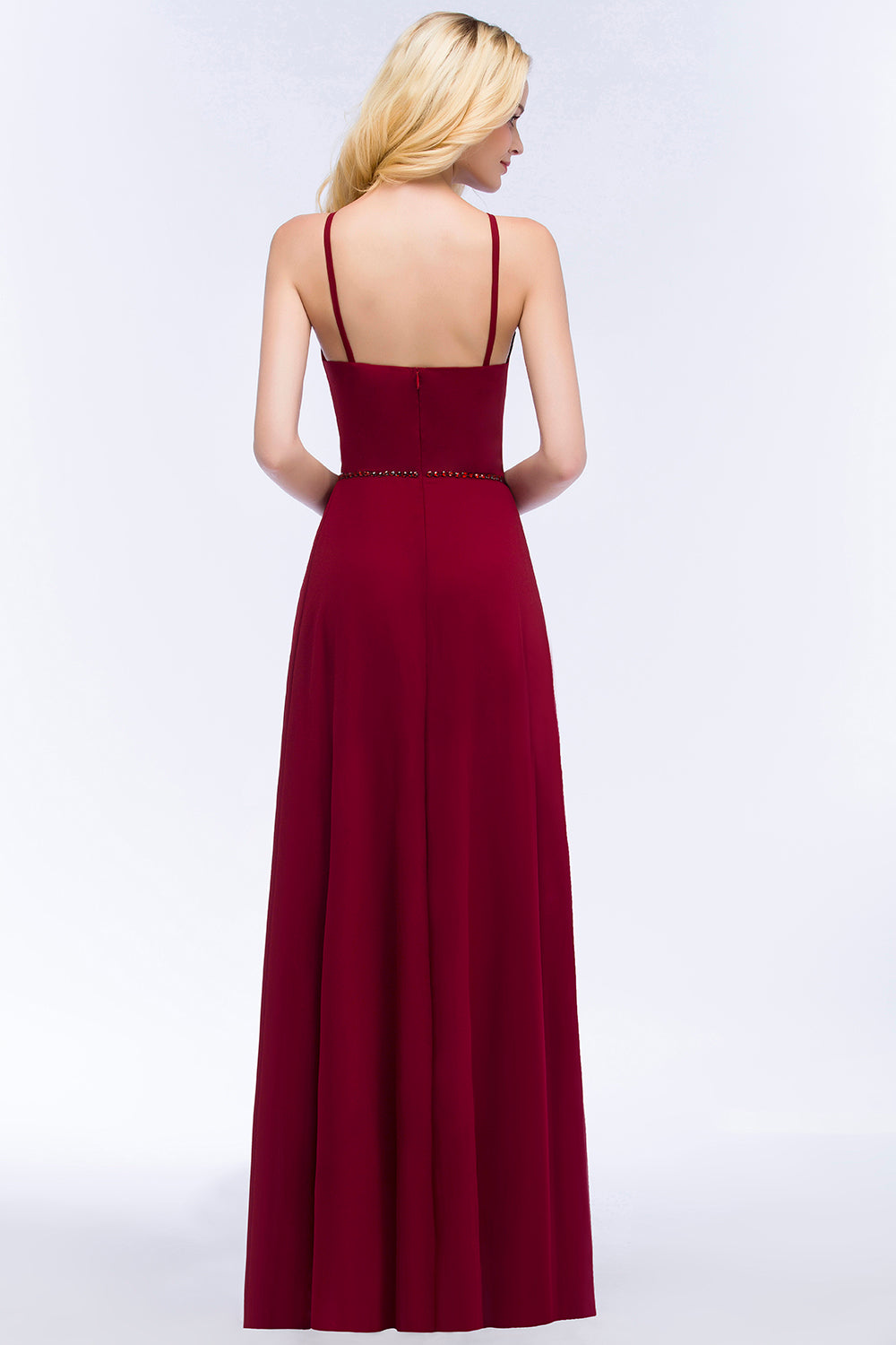 Burgundy Spaghetti Straps Long Bridesmaid Dresses with Beading Sash - Fashionpara