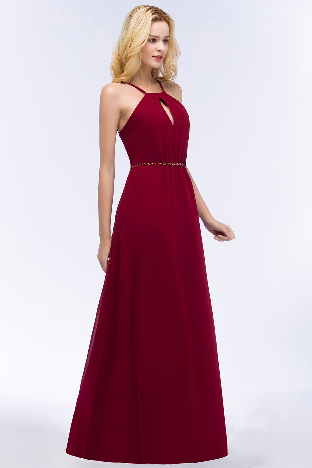 Burgundy Spaghetti Straps Long Bridesmaid Dresses with Beading Sash - Fashionpara
