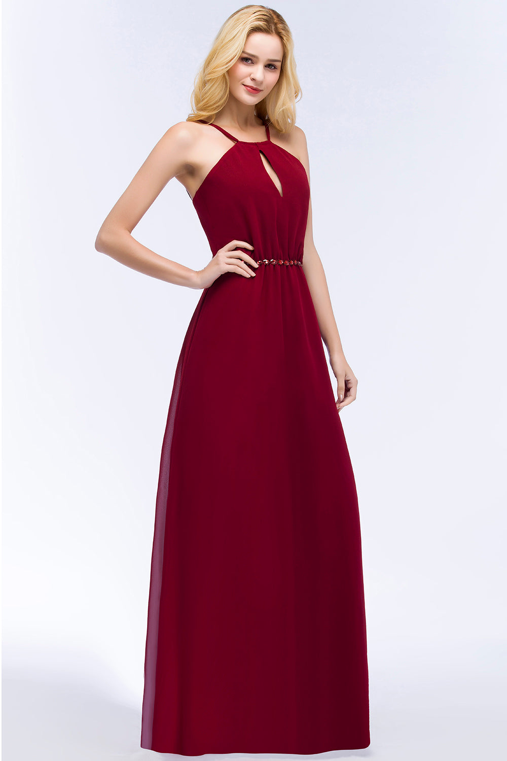 Burgundy Spaghetti Straps Long Bridesmaid Dresses with Beading Sash - Fashionpara