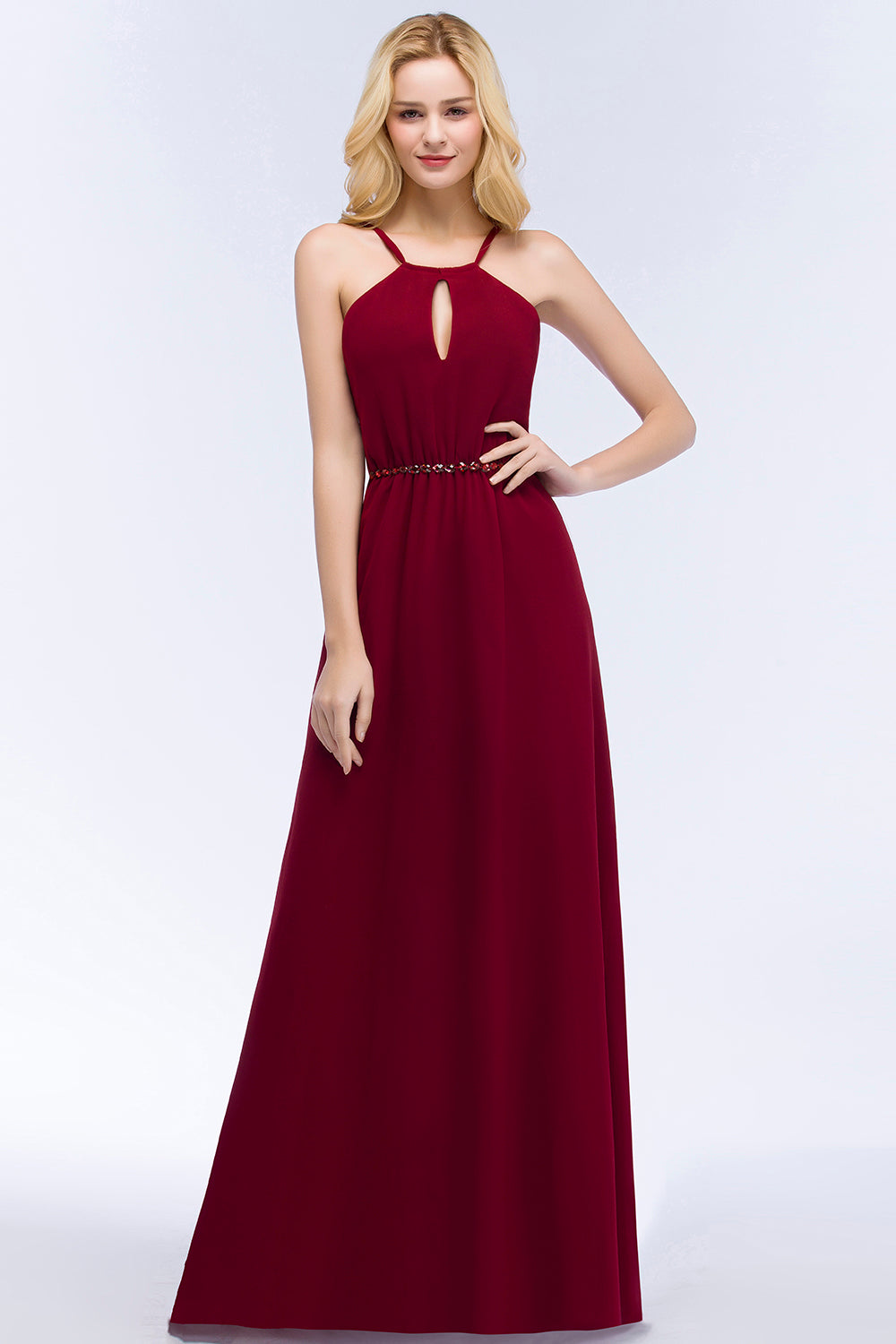 Burgundy Spaghetti Straps Long Bridesmaid Dresses with Beading Sash - Fashionpara