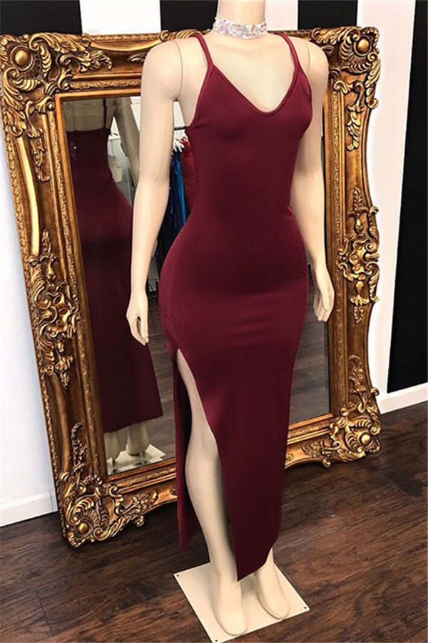Burgundy Spaghetti-Straps Mermaid Prom Dress Side Slit - Fashionpara