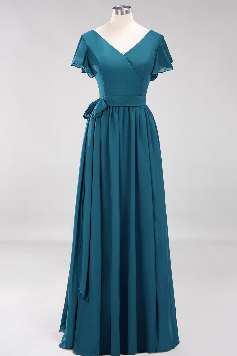 Burgundy V-Neck Long Bridesmaid Dresses With Short-Sleeves - Fashionpara