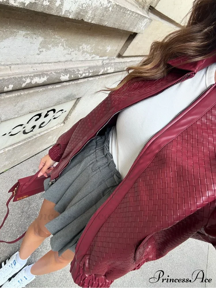 Burgundy Zipper Leather Bomber Coat