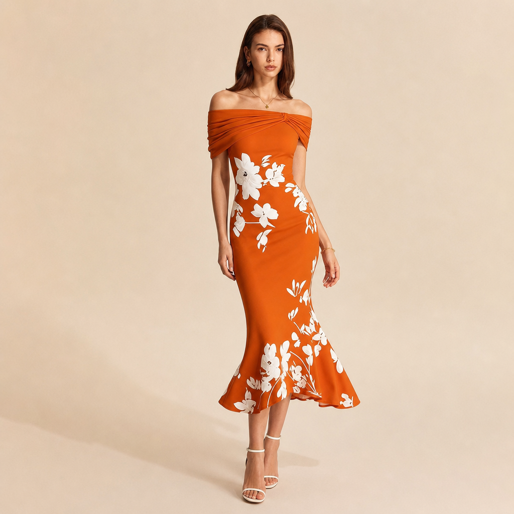 Off Shoulder Twist Front Floral High Low Fishtail Midi Dress 10