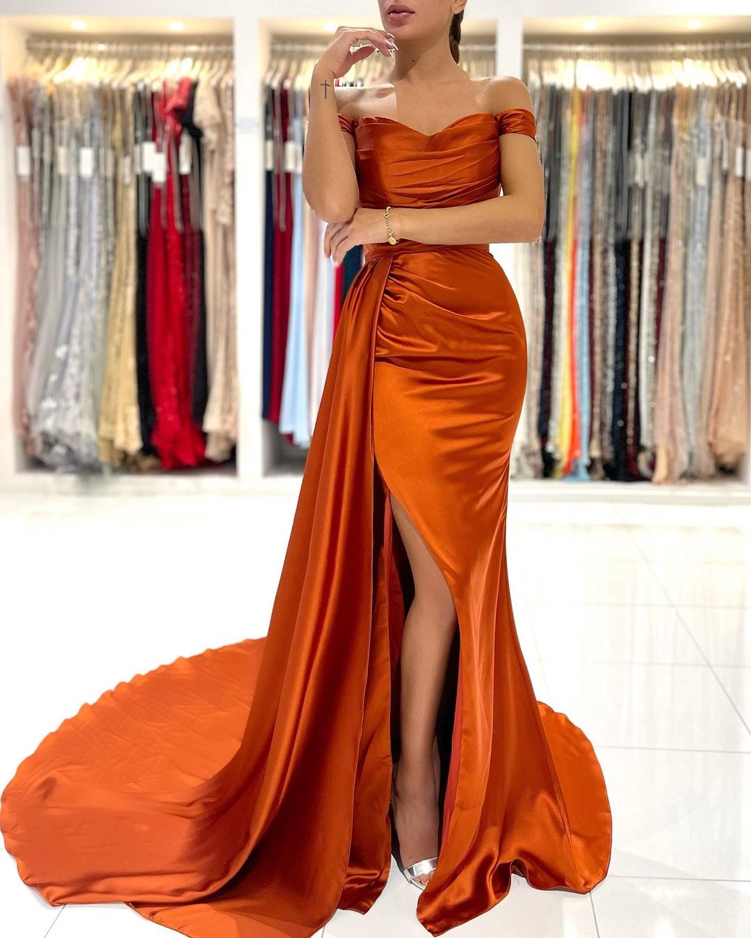 Burnt Orange Mermaid Prom Dress Off-the-Shoulder Slit Party Gowns - Fashionpara