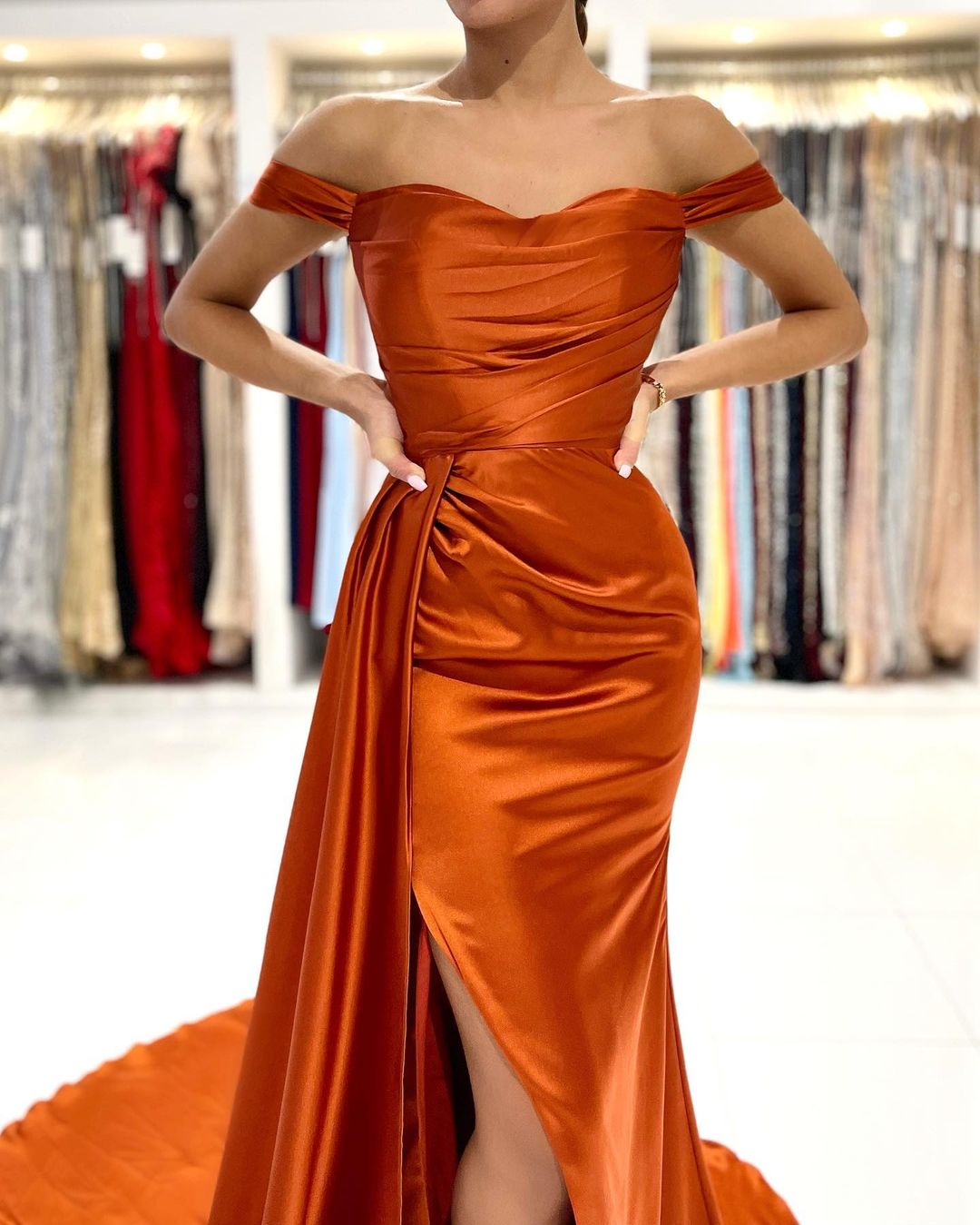 Burnt Orange Mermaid Prom Dress Off-the-Shoulder Slit Party Gowns - Fashionpara