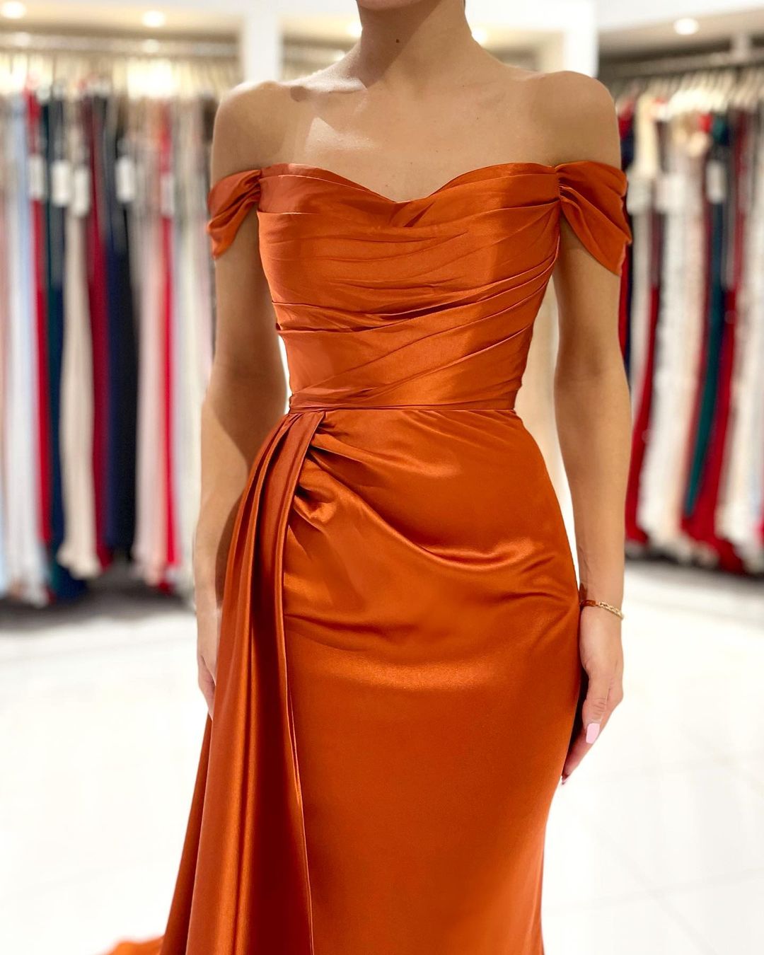 Burnt Orange Mermaid Prom Dress Off-the-Shoulder Slit Party Gowns - Fashionpara
