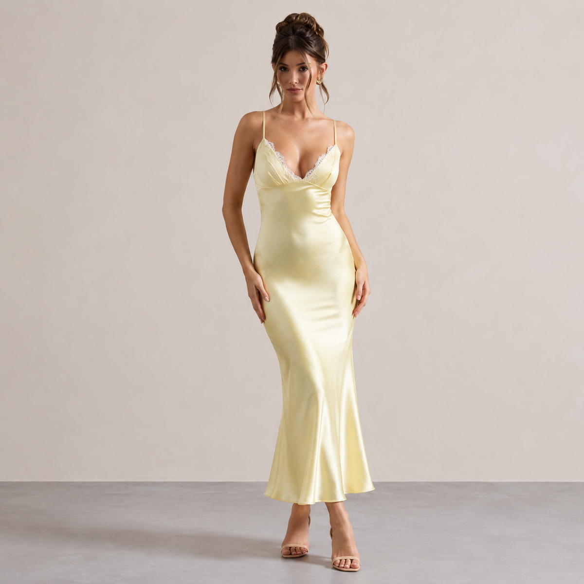 Lace Trim V-Neck Strappy Satin Slip Midi Dress 13