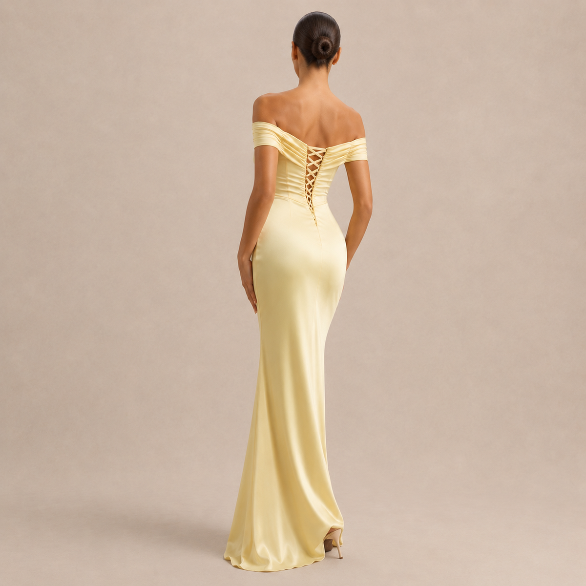 Off Shoulder Ruched Satin Mermaid Gown 6