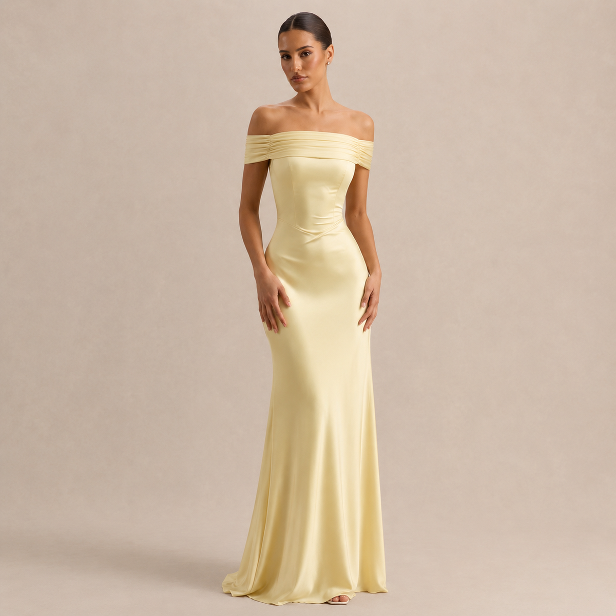 Off Shoulder Ruched Satin Mermaid Gown 4