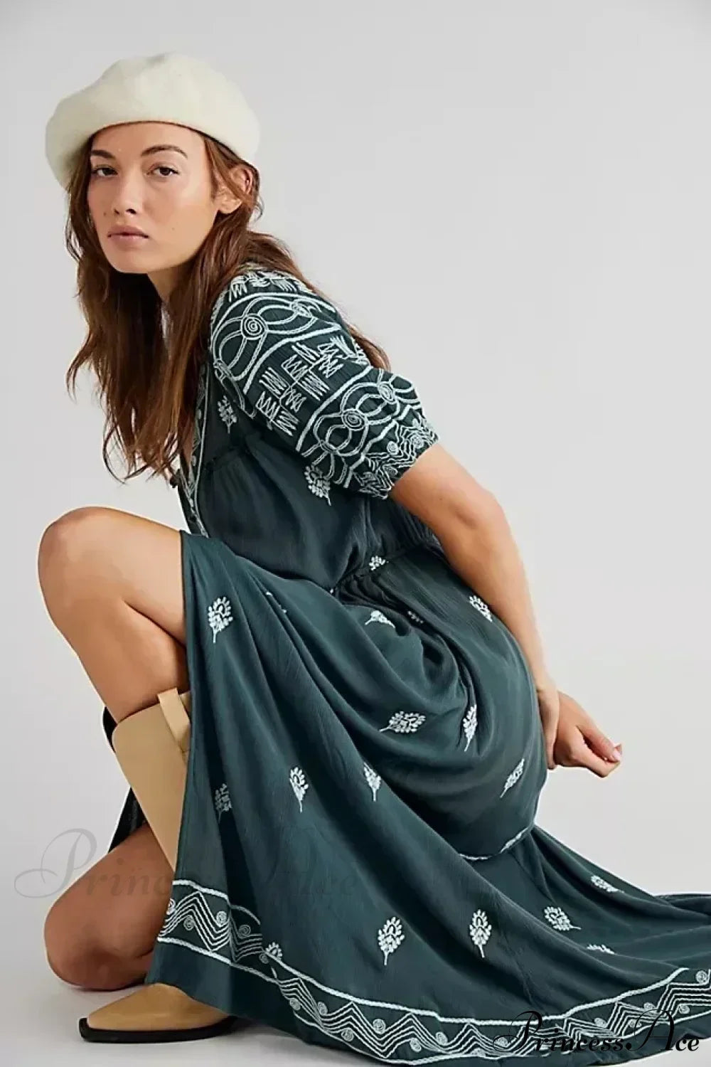 Button Down Embroidery Short Sleeve Chic Boho Dress