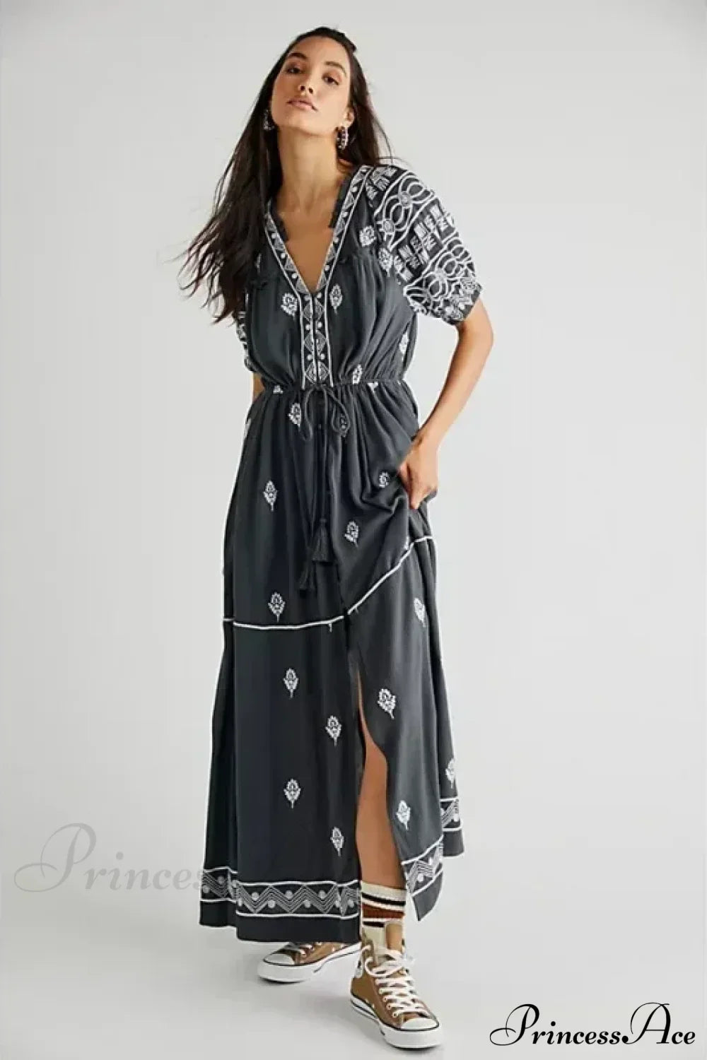 Button Down Embroidery Short Sleeve Chic Boho Dress Dark Gray / S bohodress-250126
