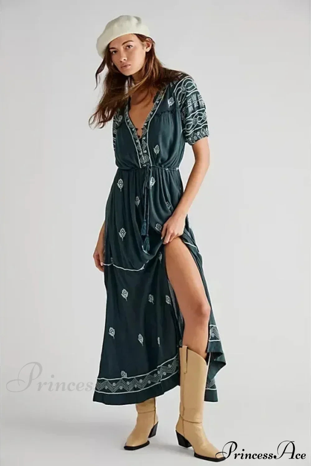 Button Down Embroidery Short Sleeve Chic Boho Dress Dark Green / S bohodress-250126
