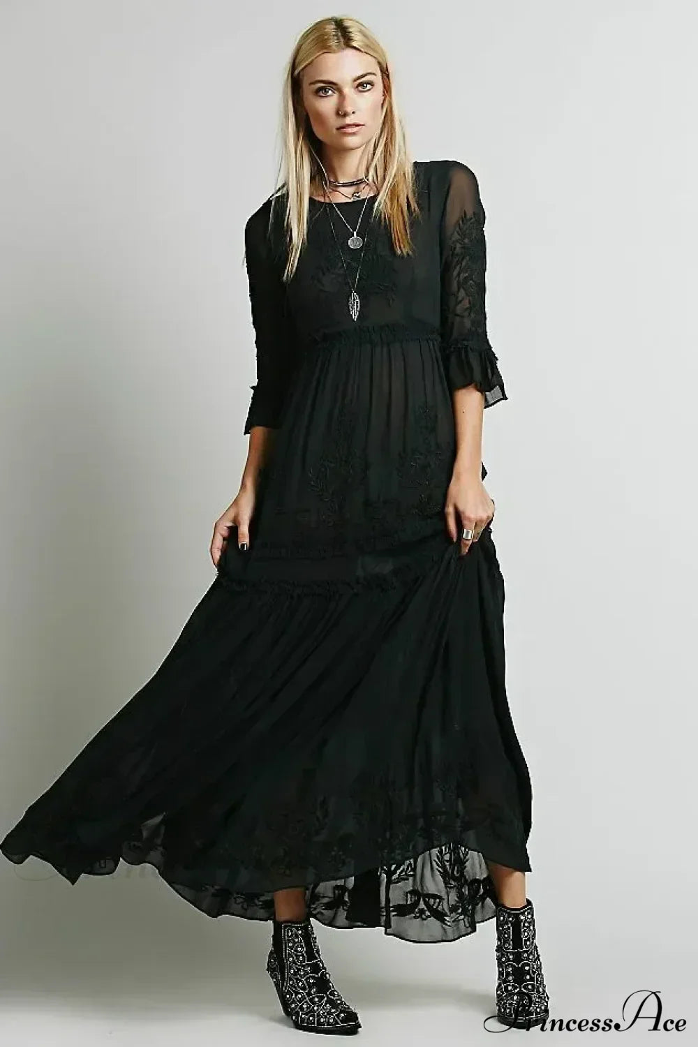 Button Down Hollow Embroidery High Waist Boho Dress Black / S bohodress-250126