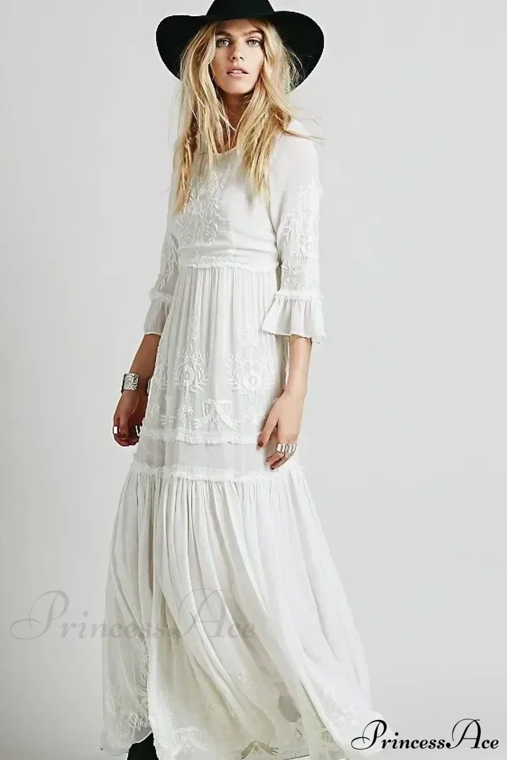 Button Down Hollow Embroidery High Waist Boho Dress WHITE / S bohodress-250126