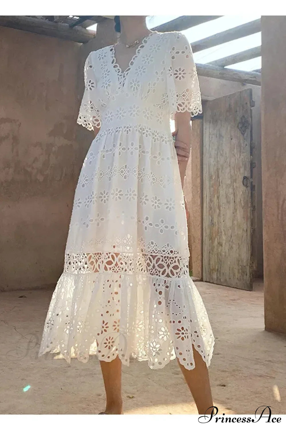 Button Up Embroidery Lantern Sleeve Cotton Boho Dress