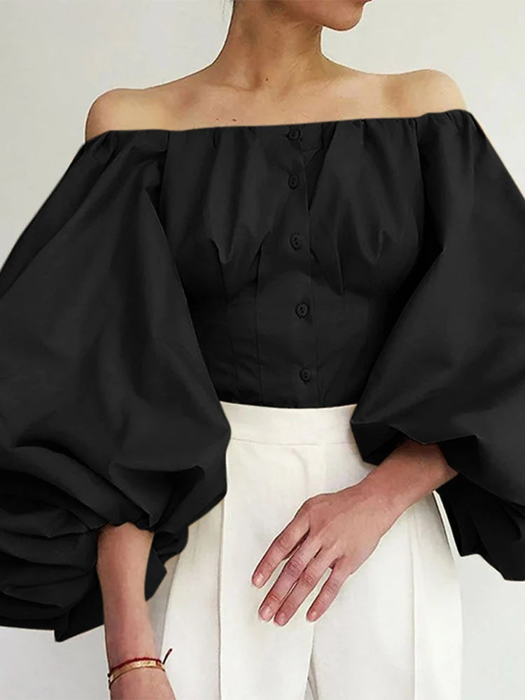 Solid Off-Shoulder Lantern Sleeve Fashion Blouse