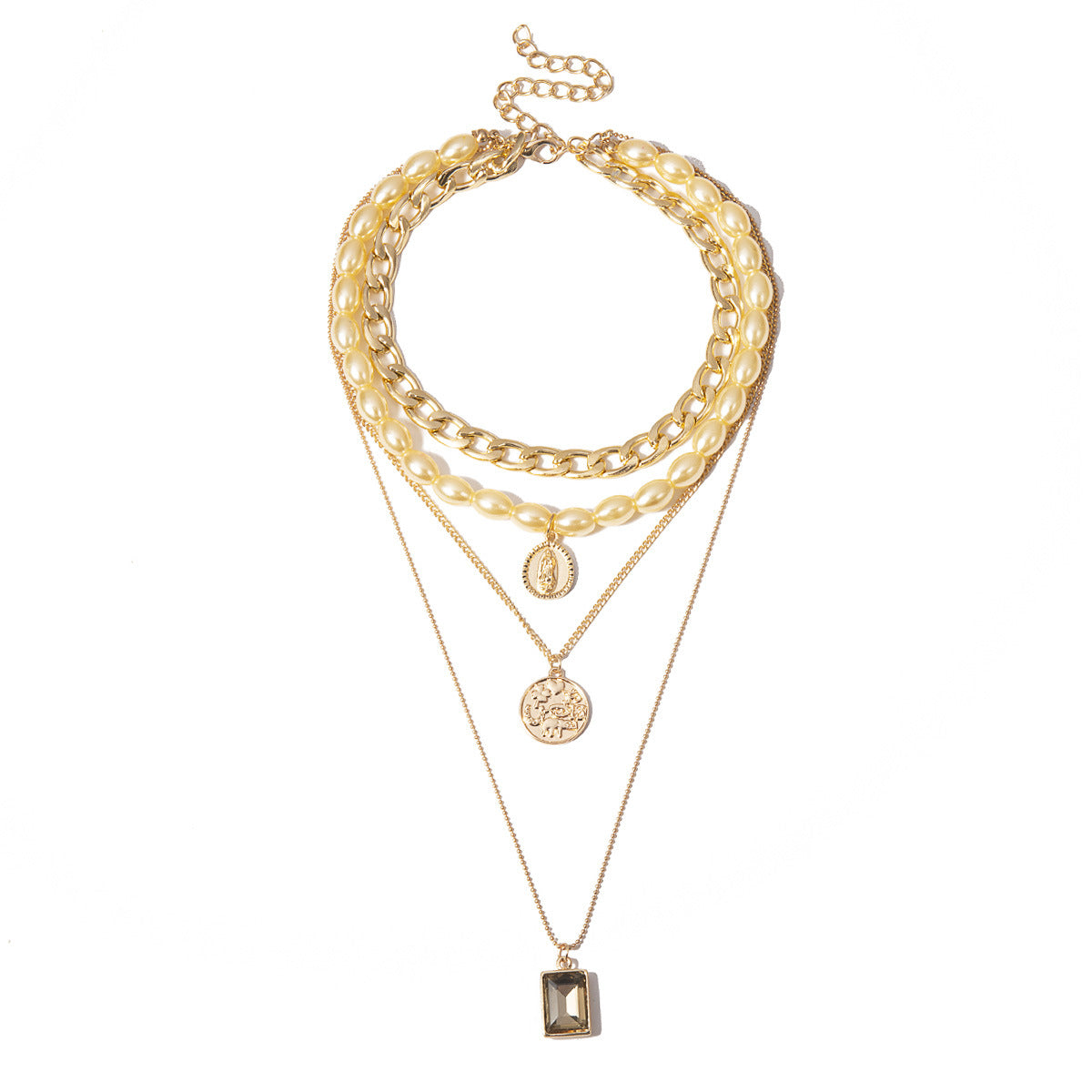 Vintage coin gem multi-layer pearl necklace