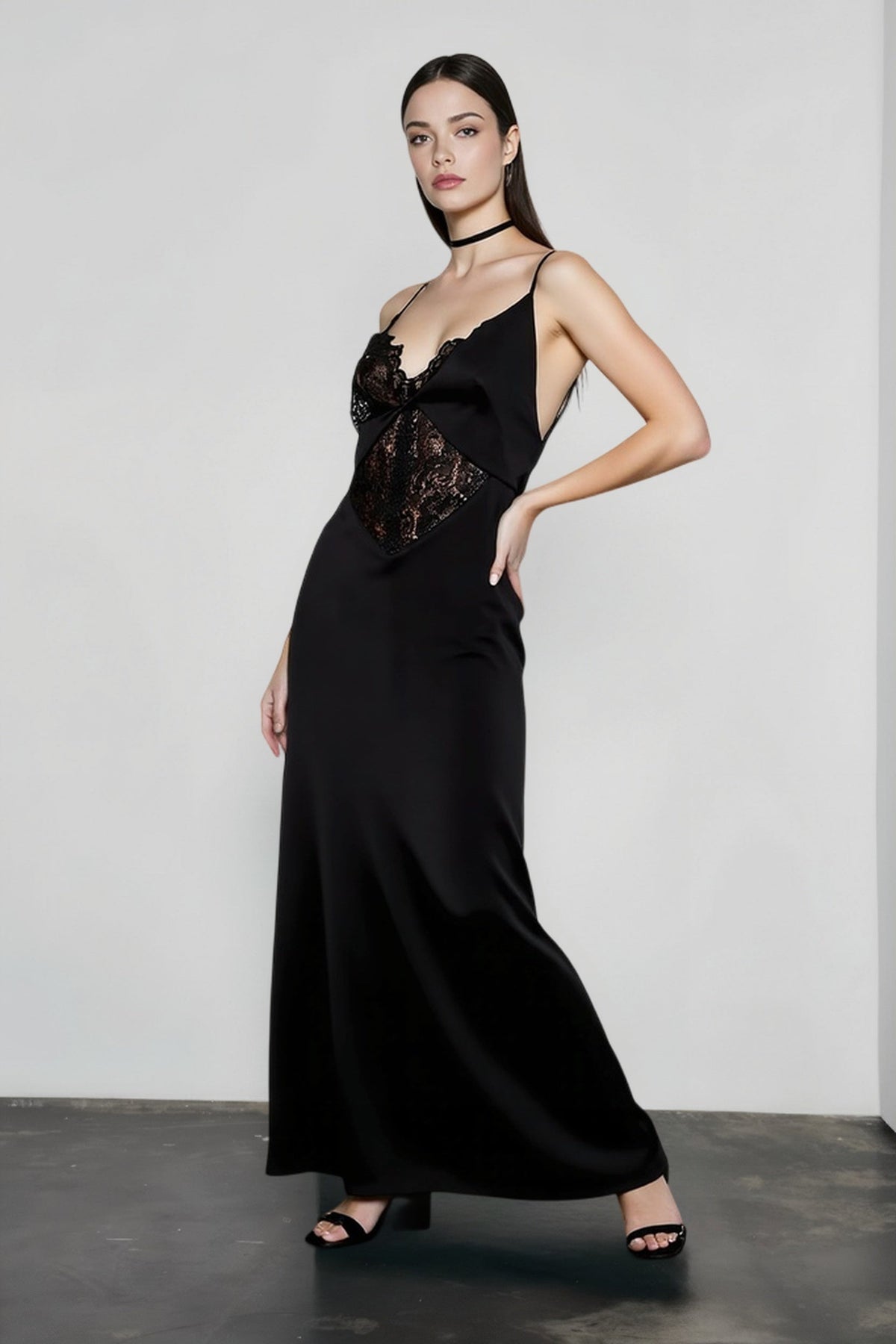 Lace-Trim Satin V-Neck Spaghetti Strap Slip Maxi Dress