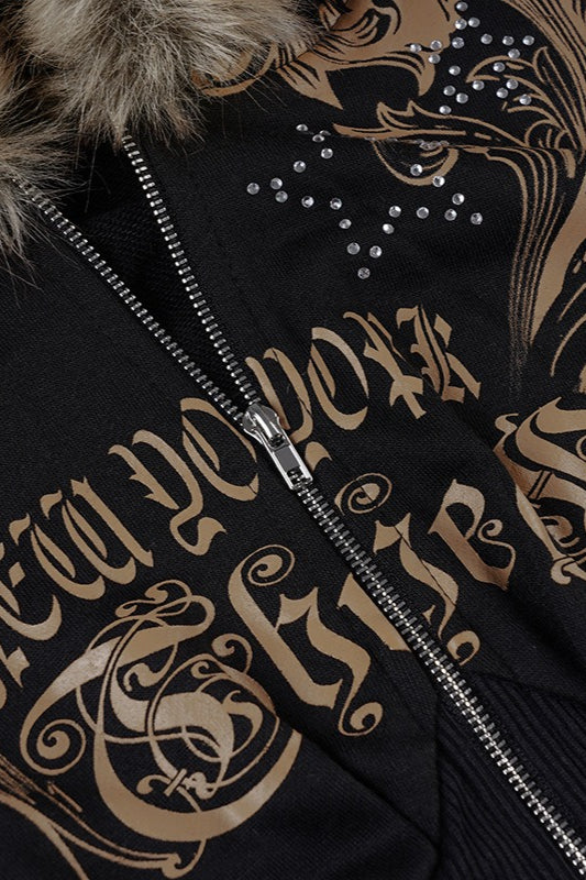 Dark Style Rhinestone Letter Print Hoodie
