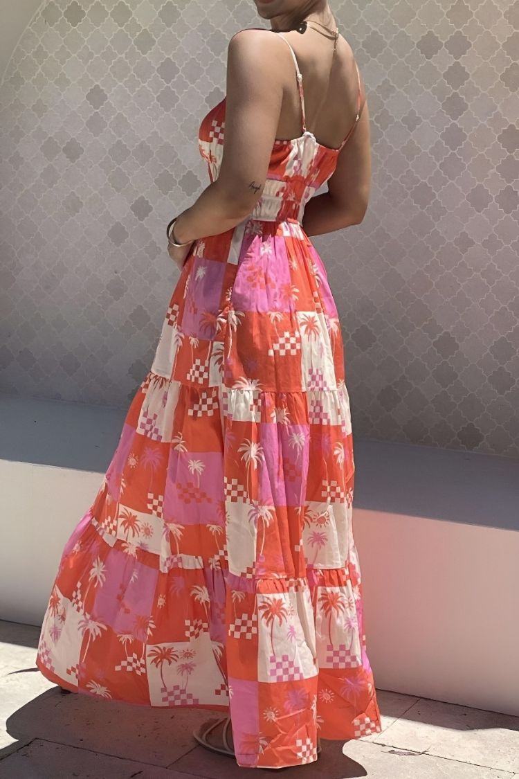 Resort Style Printed Suspender Pleated Loose Maxi Dress - Fashionpara