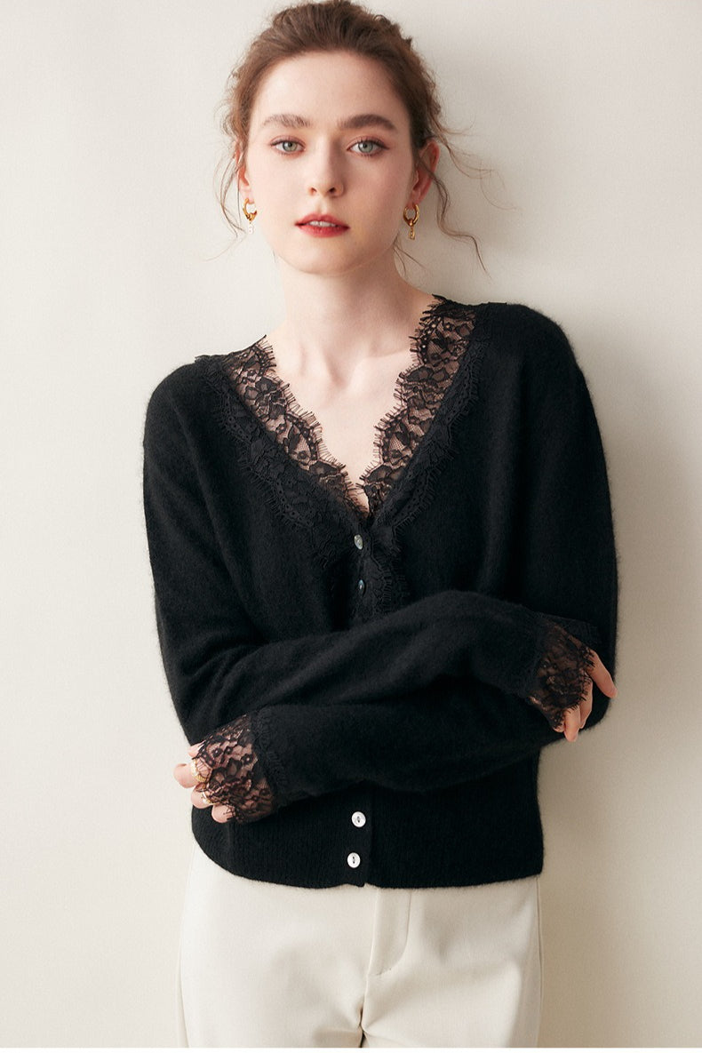 Luxe Cashmere V-Neck Cardigan with Elegant Lace Trim