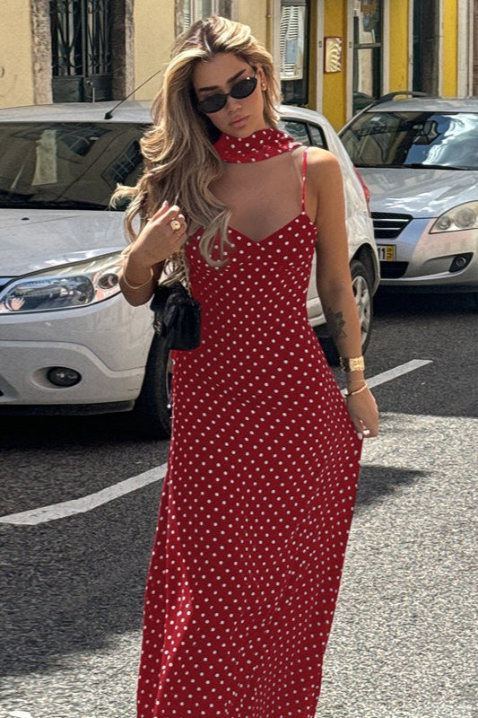 Sexy Polka Dot V-Neck Backless Cami Maxi Dress - Fashionpara
