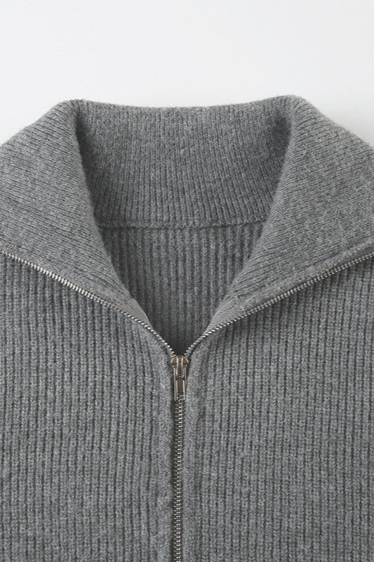 Minimalist Solid Color Double Zipper Stand Collar Sweater